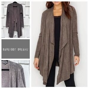 Barefoot Dreams Cozy Chic Lite Cardigan Shawl Collar Drape Front Taupe L XL